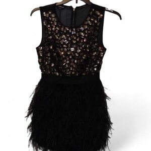 bebe Black Dress with Bronze Sequin Bodice and Feather Skirt